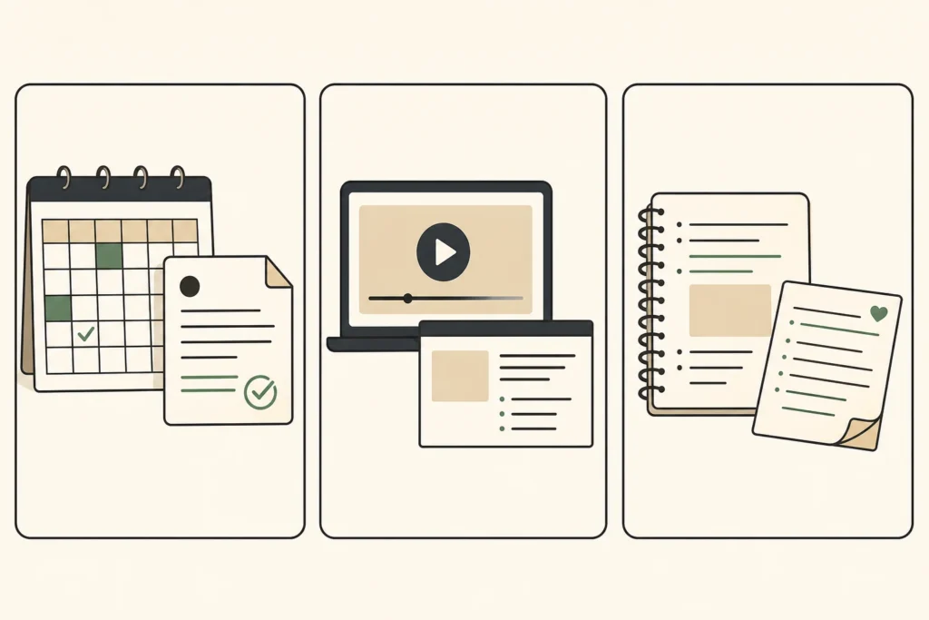 Three panels representing official course materials, recordings and slides, and peer notes.