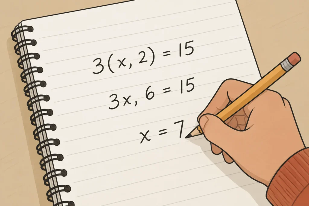 A student independently solves 3(x, 2) = 15 and obtains x = 7.