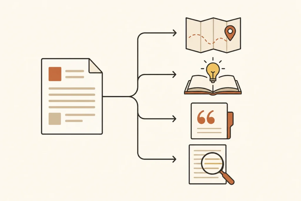 A flow diagram showing that a reading’s purpose determines whether a student orients, comprehends, gathers evidence, or analyzes closely.