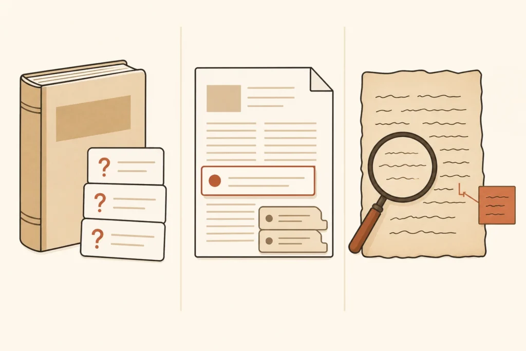 A textbook becomes questions, a scholarly article becomes a claim with evidence, and a primary source becomes an analysis note.