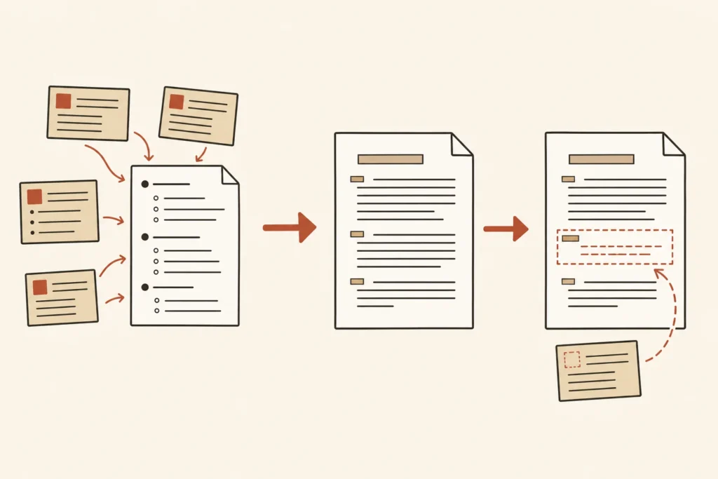A source map becomes an outline, then a draft that identifies one targeted research gap.
