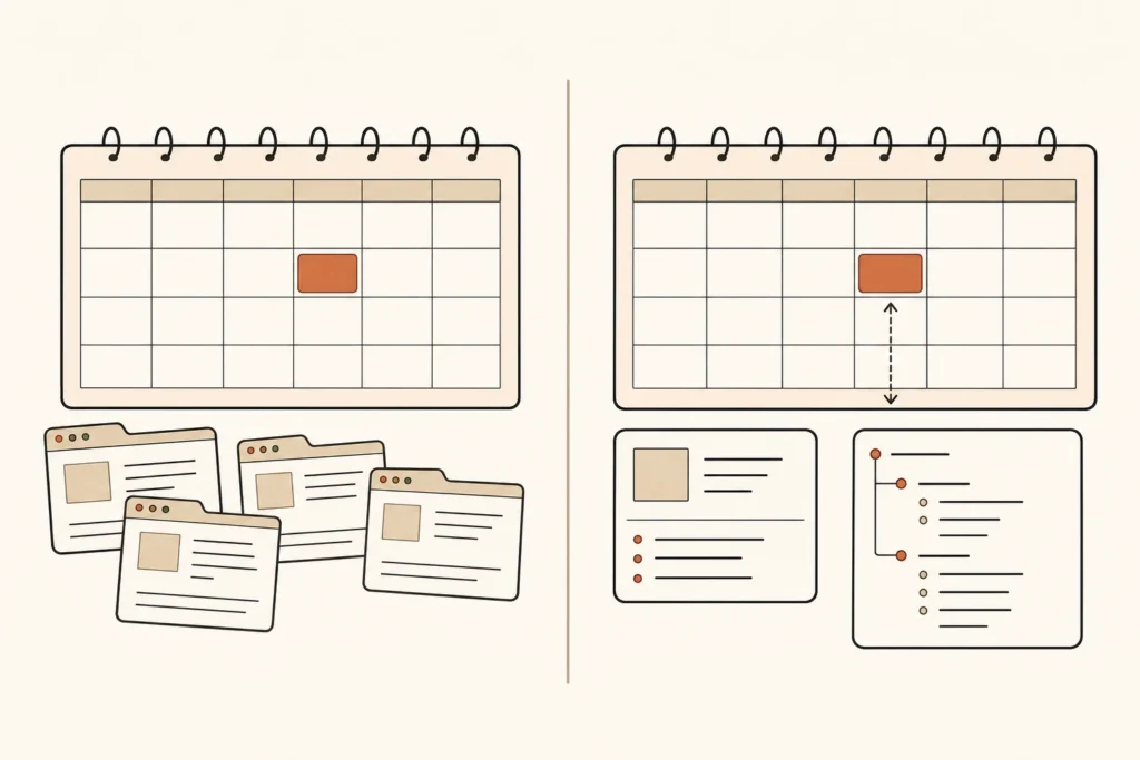 Two weekly calendar blocks contrast vague paper time with a session that produces a source map and outline.
