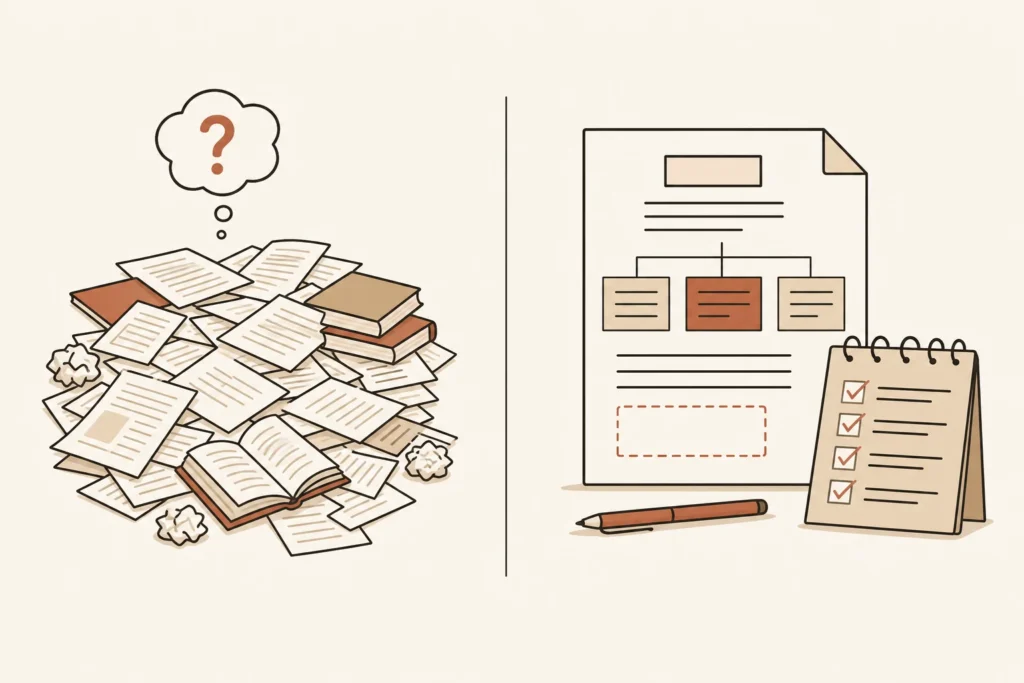 Simple visual explaining Draft before research feels finished, but not before you have a direction.