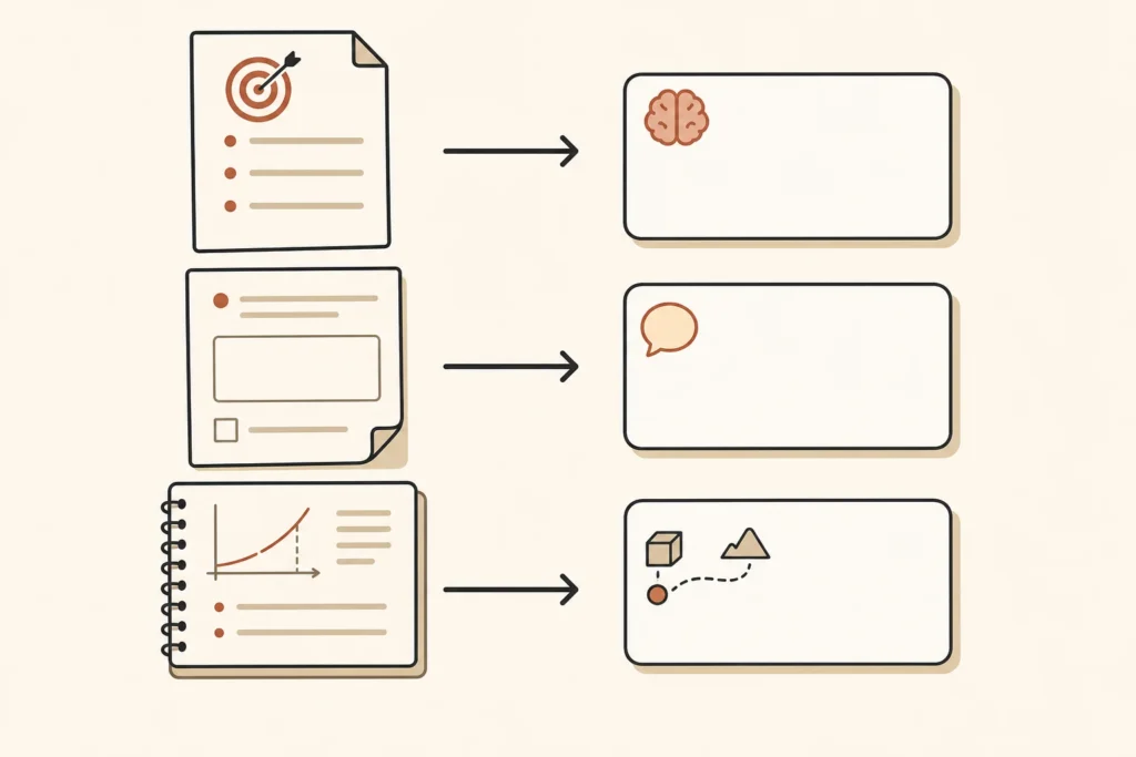 A lecture objective, homework problem, and worked example leading to three types of self-made practice prompts.