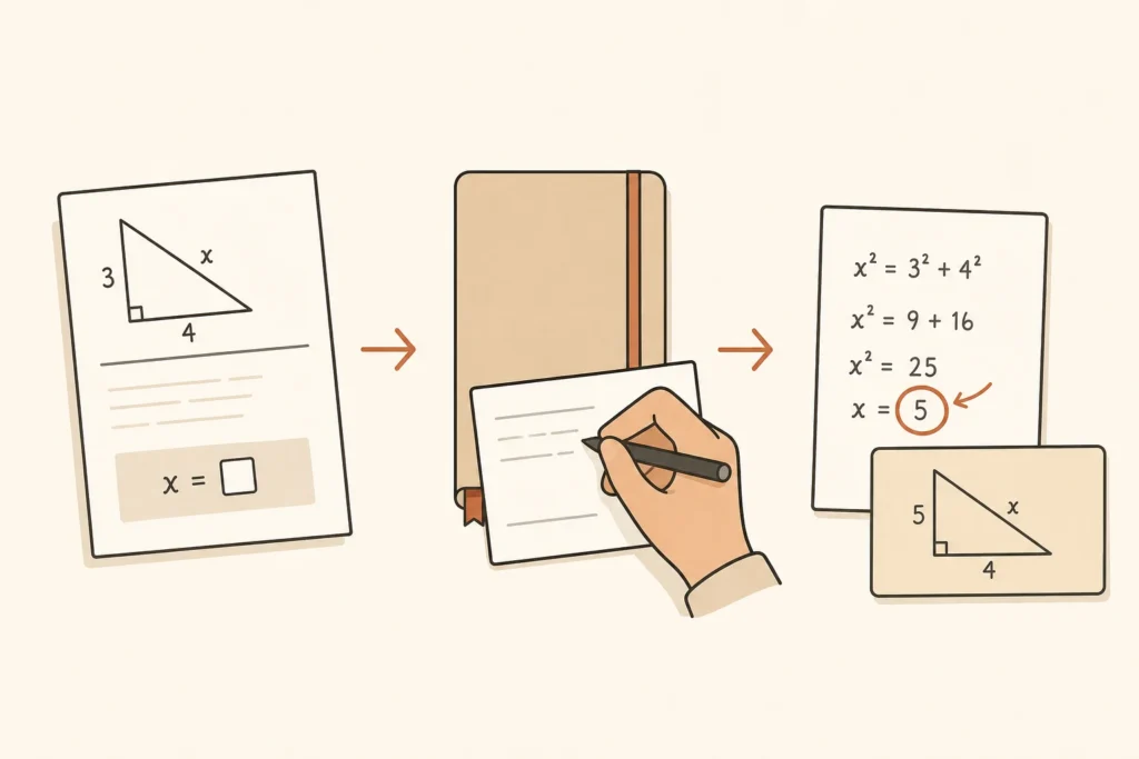 An altered homework problem is attempted without notes, checked, and used to create a focused next question.