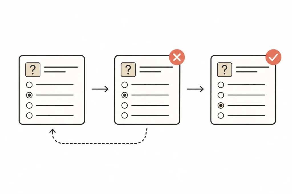 Three panels show a question being attempted, labeled after an error, and answered again later.