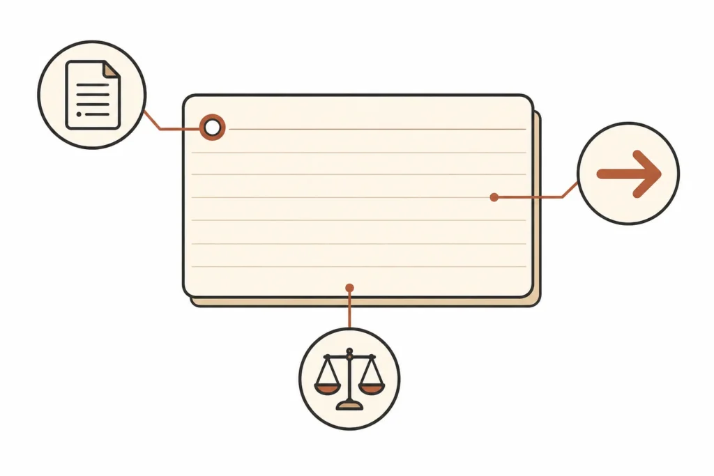 A note card diagram showing an evidence item linked to an argument it supports and a possible contrast.
