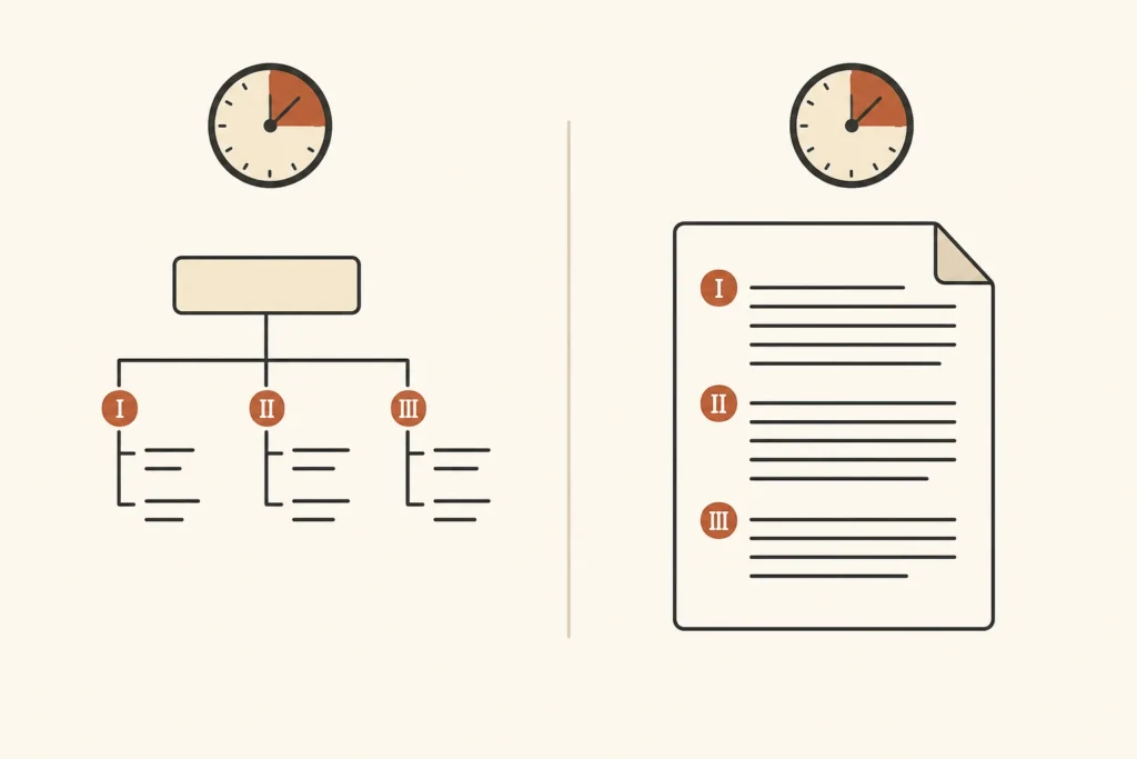 Two-panel visual comparing a timed outline with a full timed essay response.