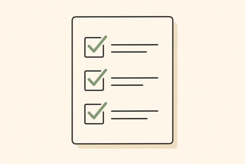 A simple rubric card with check marks for prompt fit, evidence explanation, and organization.