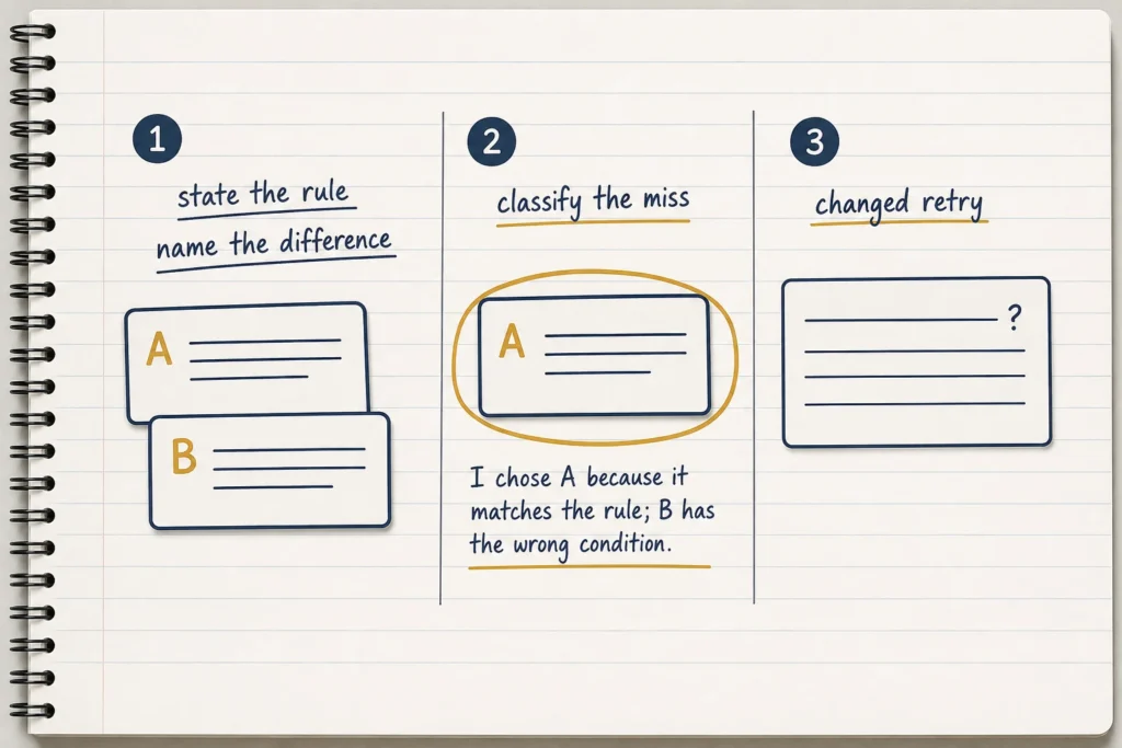 A sequence for reviewing a close multiple-choice question by stating the rule, comparing the answers, classifying the miss, and writing a changed retry.