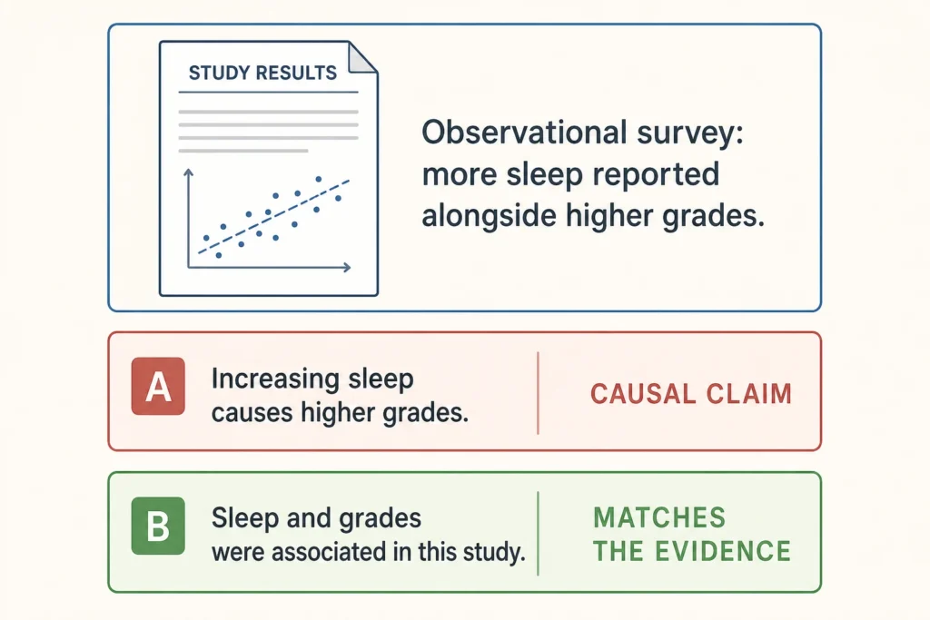 A comparison showing that an observational study supports an association between sleep and grades but does not establish causation.