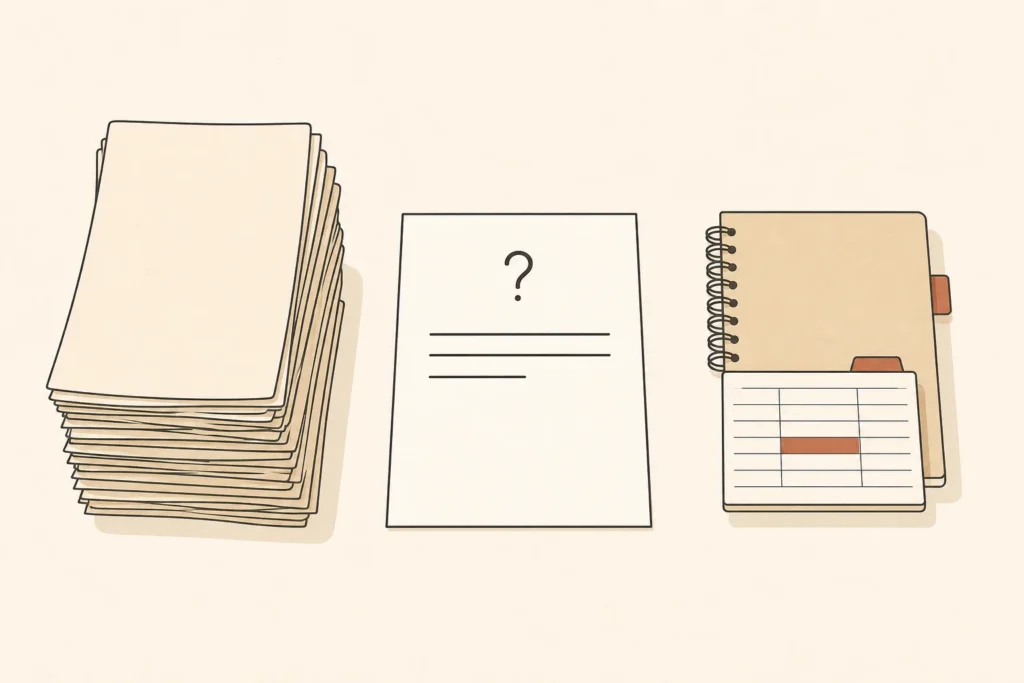 An exam question sits between an unmarked pile of notes and a compact indexed reference system.