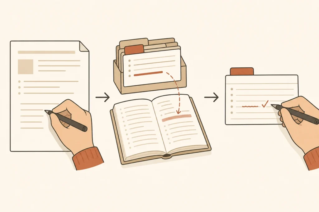Three panels show an open-book practice attempt, a targeted note lookup, and a note-system revision.