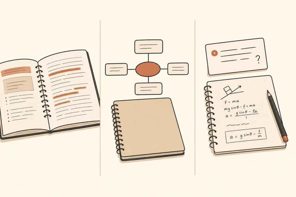 Three panels show a student recognizing notes, explaining a topic from memory, and using it on a new problem.
