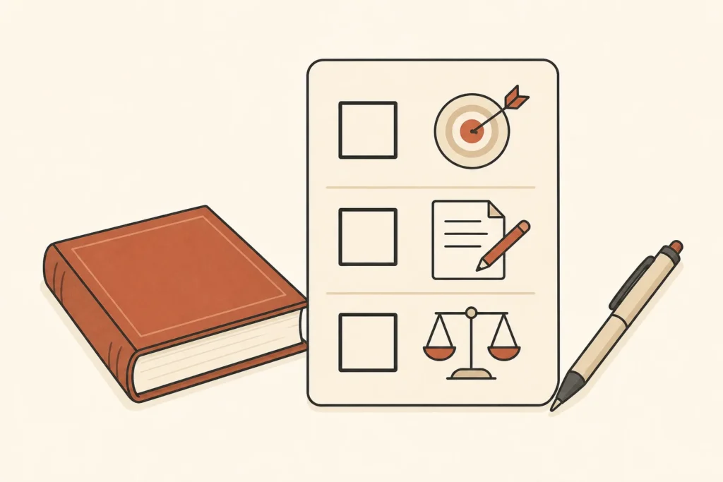 A simple three-item study checklist beside a closed textbook.