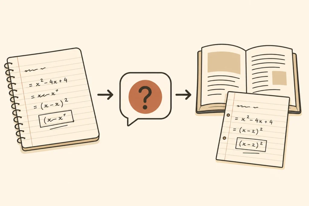A three-step study loop showing an initial attempt, AI feedback, and a verified independent retry.