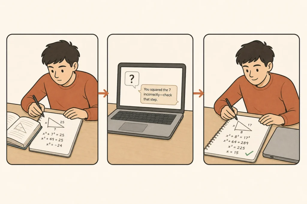 Three-panel sequence showing a student attempt a problem, receive a hint from an AI chatbot, and solve a similar problem independently after closing the laptop.