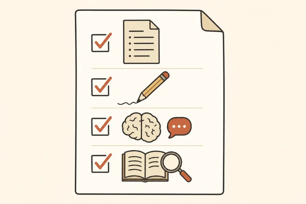 A four-part checklist showing course rules, a first attempt, ownership of the thinking, and verification against sources.
