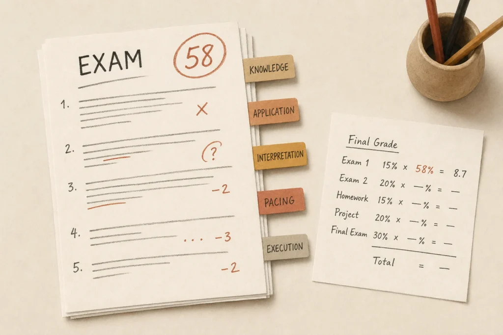 A returned exam labeled by error type beside a simple weighted course-grade calculation.