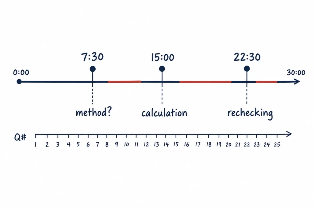 A 30-minute practice timeline with three checkpoints and notes showing where time was lost.