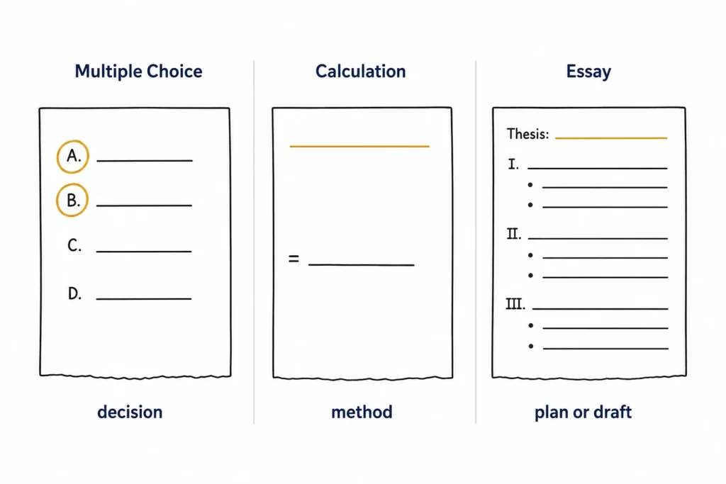 Three exam-response examples showing a multiple-choice decision delay, a calculation setup delay, and an essay planning delay.