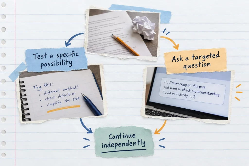 A purposeful retry and a targeted help request both lead back to independent coursework.