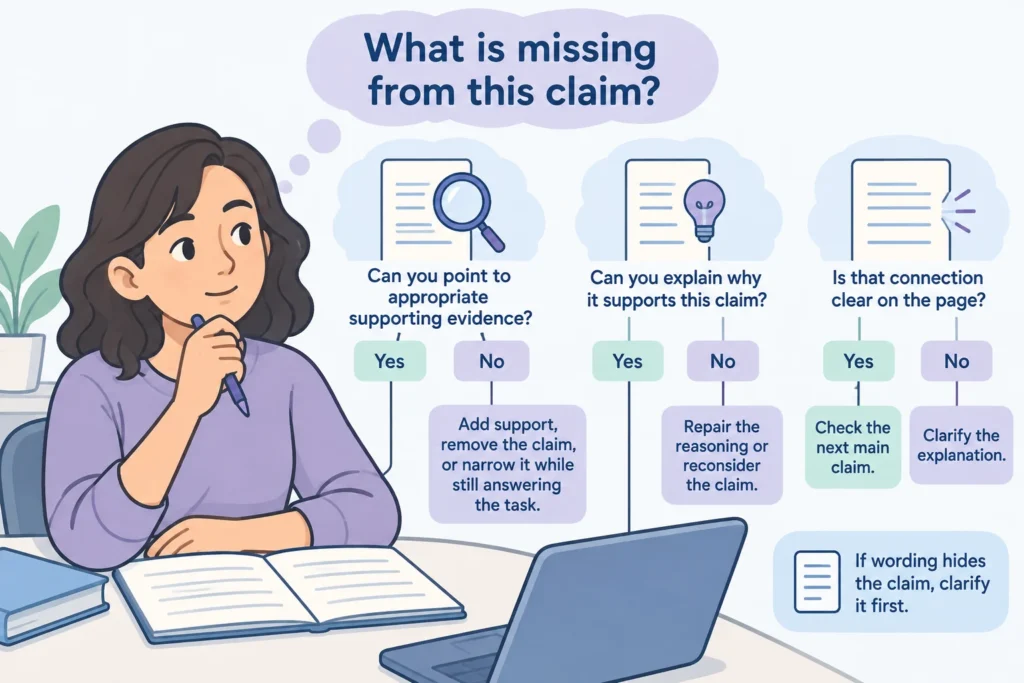 Decision diagram separating missing evidence, missing reasoning, and reasoning that needs clearer wording.