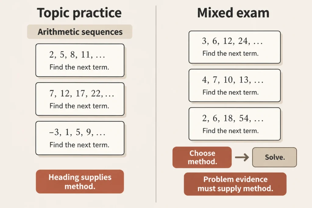 Topic practice supplies a method label; a mixed exam requires choosing the method from each problem before solving.