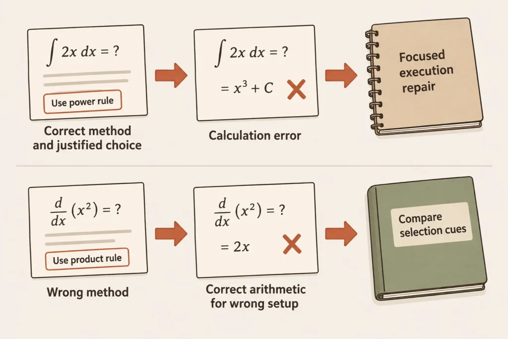 A correct method with a calculation error calls for execution repair, while a wrong method with correct arithmetic calls for selection practice.