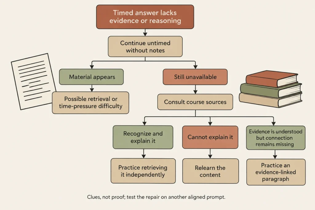 A diagnostic flow distinguishes material recovered with extra time, knowledge needing retrieval practice or relearning, and evidence needing a reasoning connection.