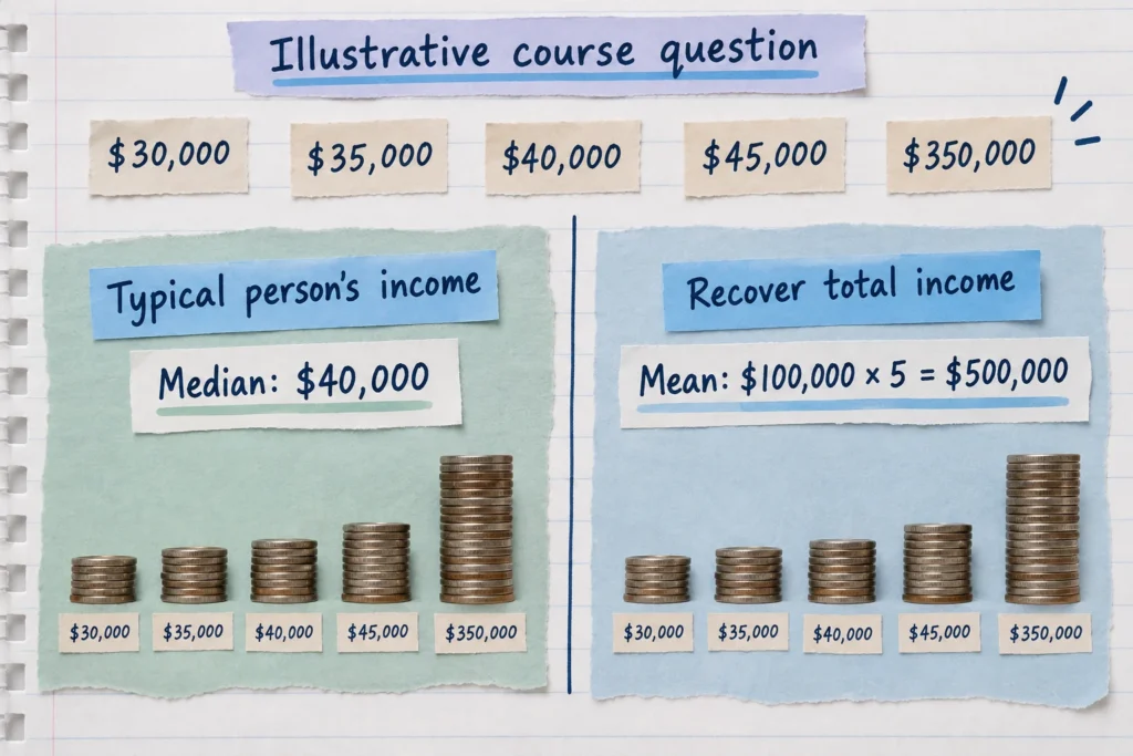 The same five incomes give a median of $40,000 for the middle person and a mean of $100,000 that recovers the $500,000 total when multiplied by five.