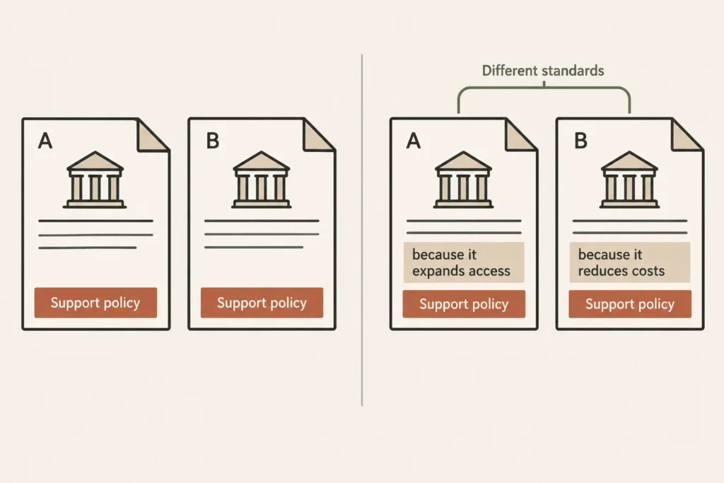 Constructed excerpts contrast a shared conclusion with a comparison of the authors’ different reasons.