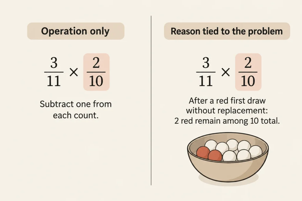 Two annotations of the same probability expression contrast describing a subtraction with explaining the urn state after a red draw.