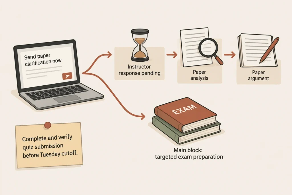 A paper clarification request starts a waiting period while the student proceeds with exam preparation and protects the quiz cutoff.